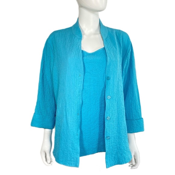Draper’s & Damon’s 2pc Cyan Blue Crinkle Texture Blouse Set - Picture 1 of 8